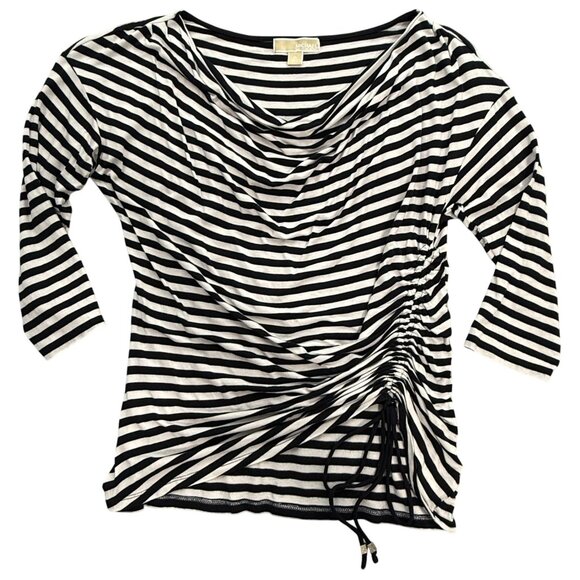 Michael Kors Top Womens XL Black White Stripe Nautical Preppy Long Sleeve Ruched - Picture 1 of 10